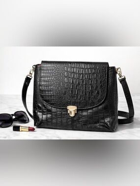 Black Croc Embossed Crossbody Bag Red Lining Gold Lock Handmade Statement Purse